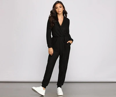 Cozy and Chic Ribbed Surplice Jogger Jumpsuit
