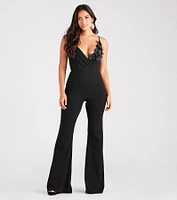 Leading Lady Flower V-Neck Wide Leg Jumpsuit