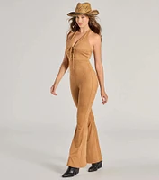 Eyes On Me Lace-Up Flare Faux Suede Jumpsuit