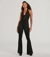 Eyes On Me Lace-Up Flare Faux Suede Jumpsuit