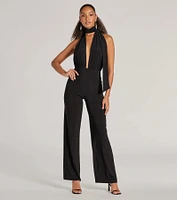 Chic Position Plunge Scarf Straight-Leg Jumpsuit