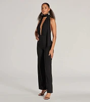 Chic Position Plunge Scarf Straight-Leg Jumpsuit