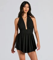50s Icon Halter Plunge Neck Skater Romper