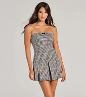Sweet Perception Strapless Plaid Pleated Romper
