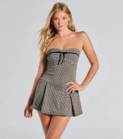 Preppy Glam Strapless Pleated Plaid Romper