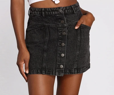 Babe Alert Button Front Jean Mini Skirt