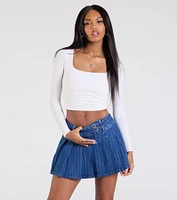 Treat Yourself Mid-Rise Pleated Denim Mini Skirt