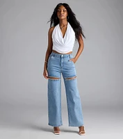 So Obsessed Rhinestone Cutout Straight Leg Denim Jeans