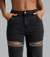 So Obsessed Rhinestone Cutout Straight Leg Denim Jeans