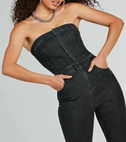Flirty Retro Strapless Flare Denim Jumpsuit
