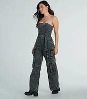 Pit Stop Strapless Cargo Acid Wide-Leg Denim Jumpsuit