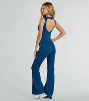 Heart Open Zip Up Flare Denim Jumpsuit