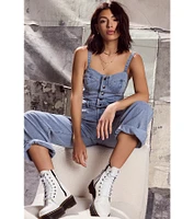 Trendy Perfection Button Up Wide Leg Denim Jumpsuit