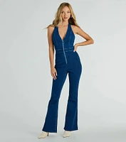 Coolest Town Halter Zip-Up Flare Denim Jumpsuit