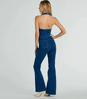 Coolest Town Halter Zip-Up Flare Denim Jumpsuit