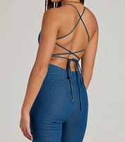 Casual And Cool Lace-Up Flare Denim Jumpsuit