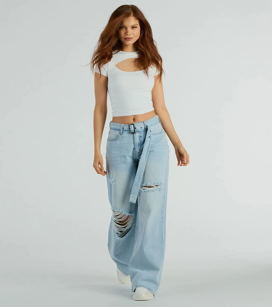 Cool Vibes High-Rise Belted Destructed Wide-Leg Jeans
