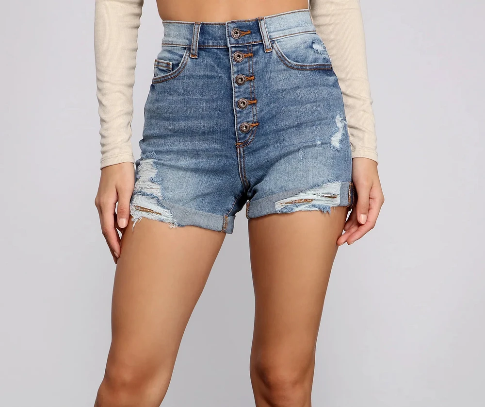 High Rise Button-Down Denim Shorts