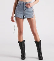 Lace Me Up High-Rise Rhinestone Denim Shorts