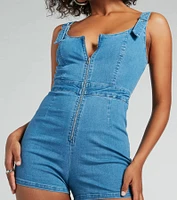 Buckle Down Scoop Neck Zipper Denim Romper