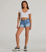 Summer Girlie Mid Rise Belted Denim Shorts