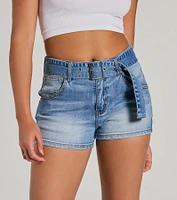 Summer Girlie Mid Rise Belted Denim Shorts