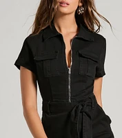 Done One Zip-Front Tie-Waist Denim Romper