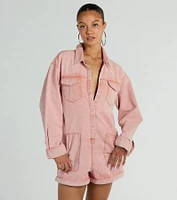 Road Trippin' Long Sleeve Cuffed Acid Denim Romper