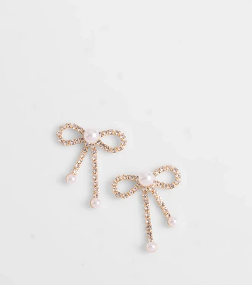Perfect Glamour Faux Pearl Rhinestone Bow Earrings