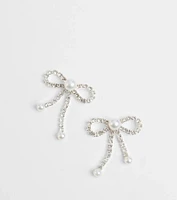 Perfect Glamour Faux Pearl Rhinestone Bow Earrings