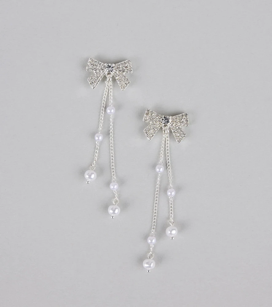 Darling Drama Rhinestone Bow Pearl Drop Earrings