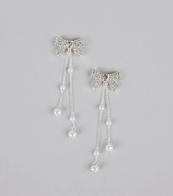 Darling Drama Rhinestone Bow Pearl Drop Earrings
