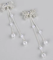 Darling Drama Rhinestone Bow Pearl Drop Earrings