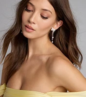 Darling Drama Rhinestone Bow Pearl Drop Earrings