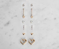Six Pack Heart And Rhinestone Stud Earrings