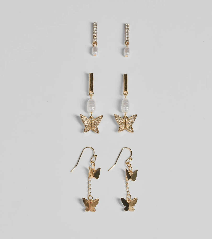 Glam Rhinestone And Pearl Butterfly Earrings Set