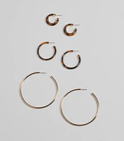 Trendy Three-Pack Tortoise Hoop Earrings Set
