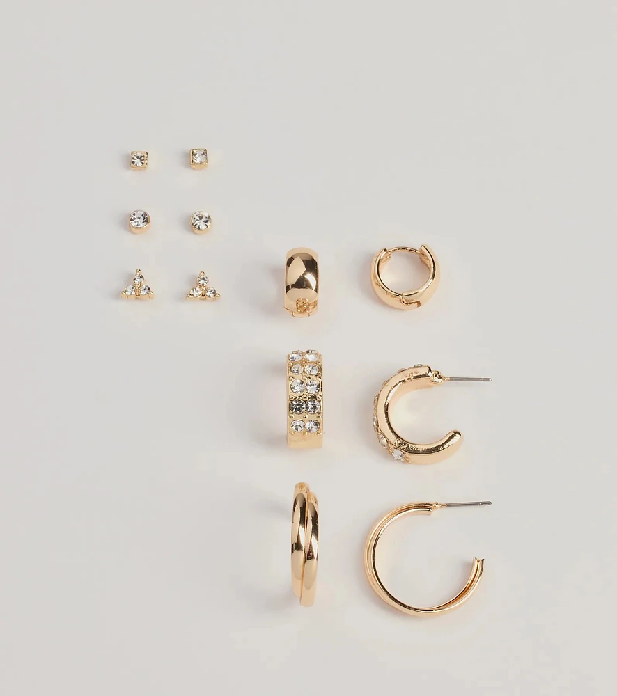 Trendy Sparkle Stud And Hoop Earrings Set