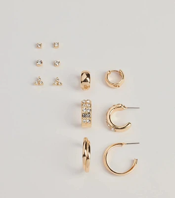 Trendy Sparkle Stud And Hoop Earrings Set