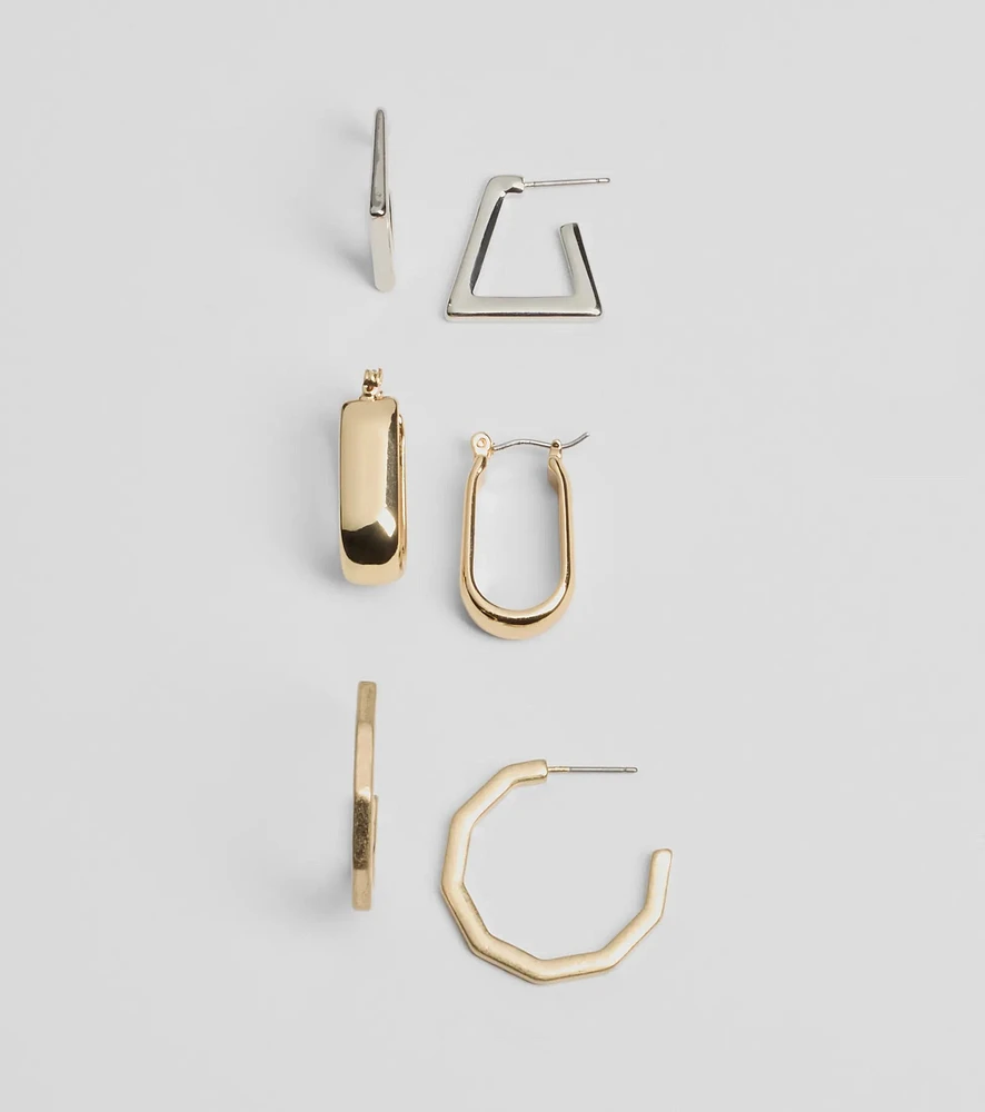 Sleek Detail Three-Pack Hoop Earrings Set
