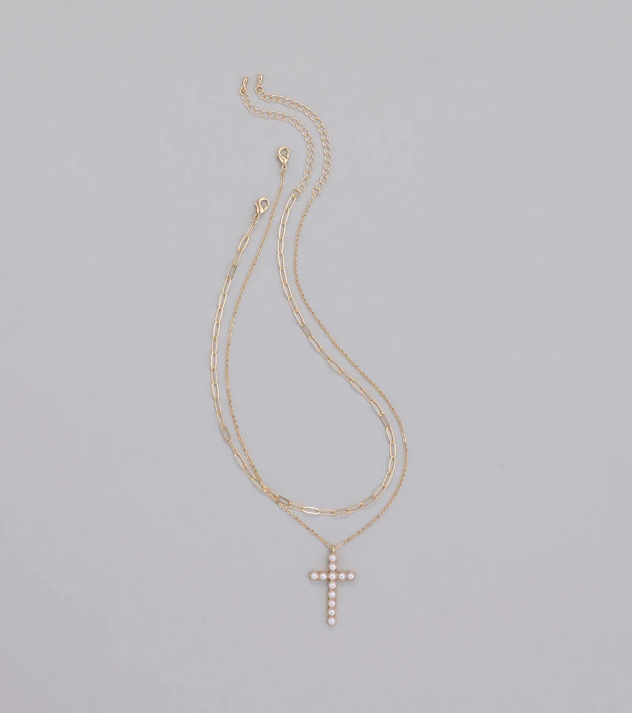 Devoted Love Faux Pearl Cross Chain Necklace
