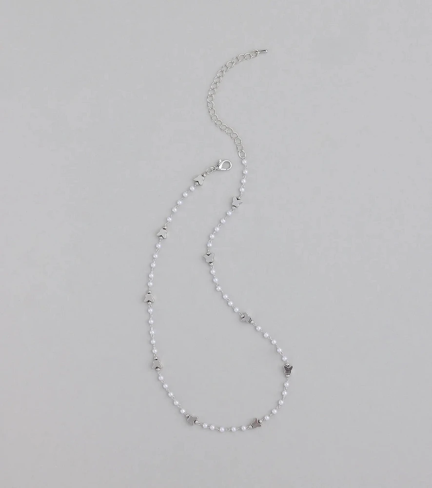 Cute Dainty Butterfly Pearl Beaded Necklace