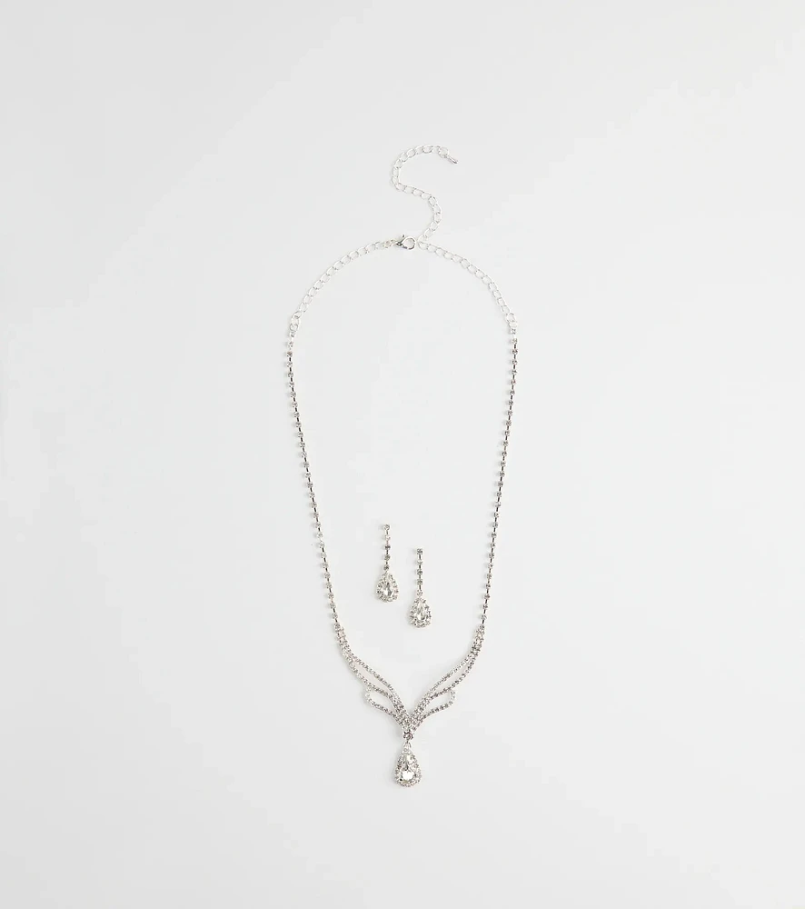 Regal Teardrop Rhinestone Necklace And Earrings Set