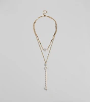 Coastal Glam Pearl Charm Lariat Necklace