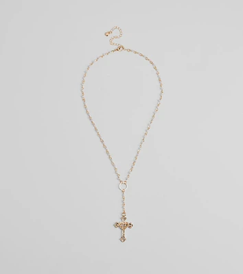 Pretty Sparkle Rhinestone Cross Pearl Lariat Necklace