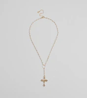 Pretty Sparkle Rhinestone Cross Pearl Lariat Necklace