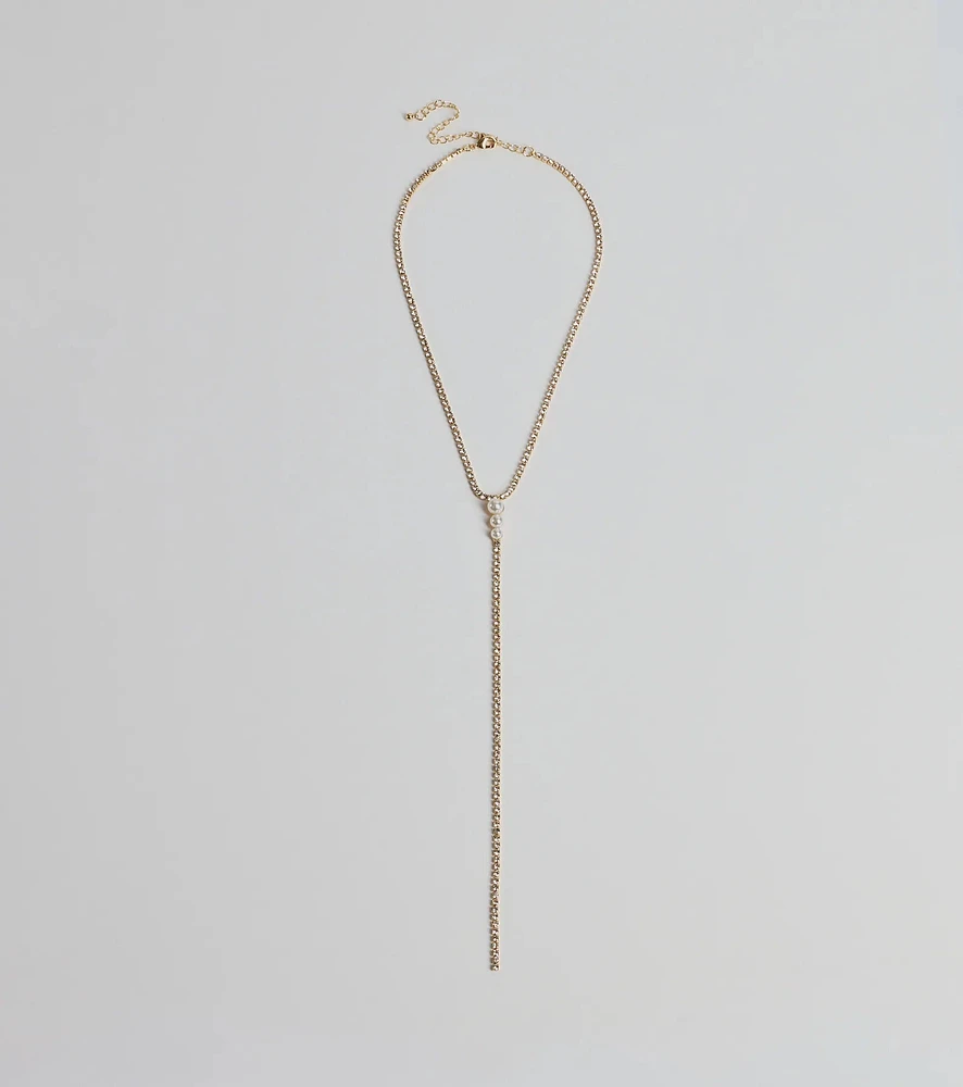 Luxe Glam Rhinestone And Pearl Lariat Necklace