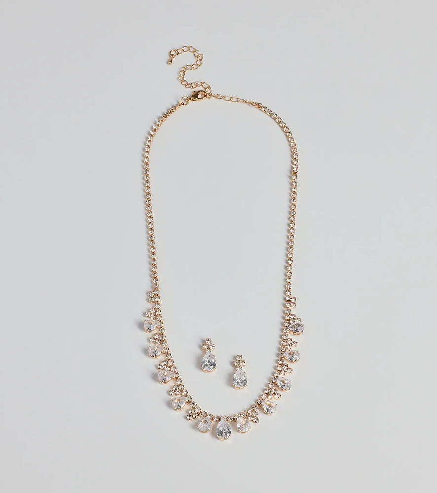 Glitzy Teardrop Rhinestone Necklace And Earrings Set
