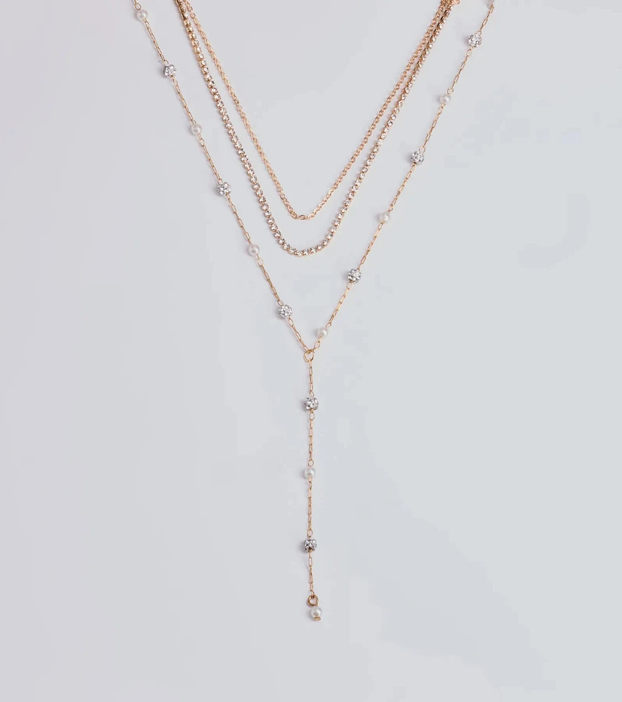 Glam Moment Rhinestone and Faux Pearl Lariat Necklace Set