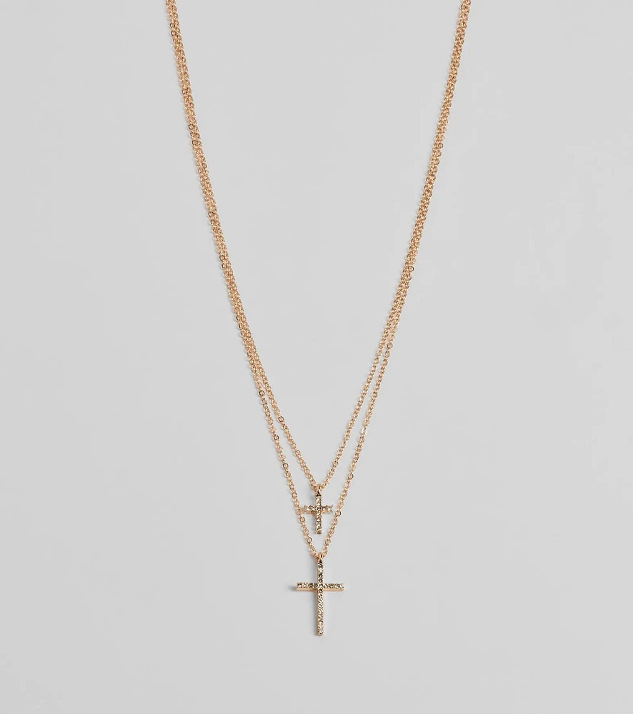 Chic Rhinestone Cross Charm Layered Necklace